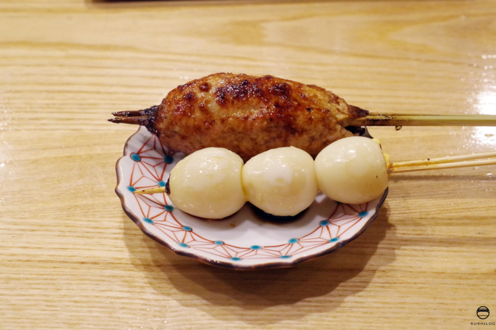 焼鳥8＆9：黄金シャモのモモ肉とかすみ鴨のつくねとうずら