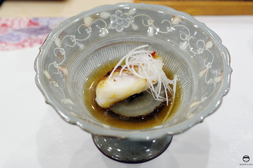 キンキの炭火焼き、大浦ゴボウ